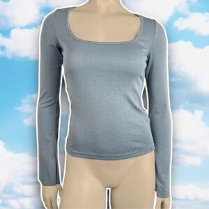 ❤️ SHEIN Dazy Square Neck Long Sleeve Baby Tee Blue Grey 90s Minimalist Regency